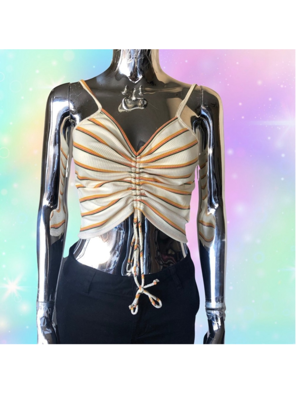 Strip Tank Top -Retro Stripe Adjustable Crop Top Size Small